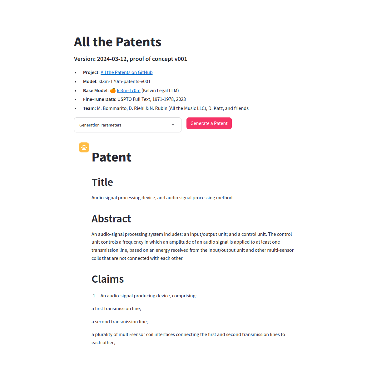 All the Patents, built on KL3M